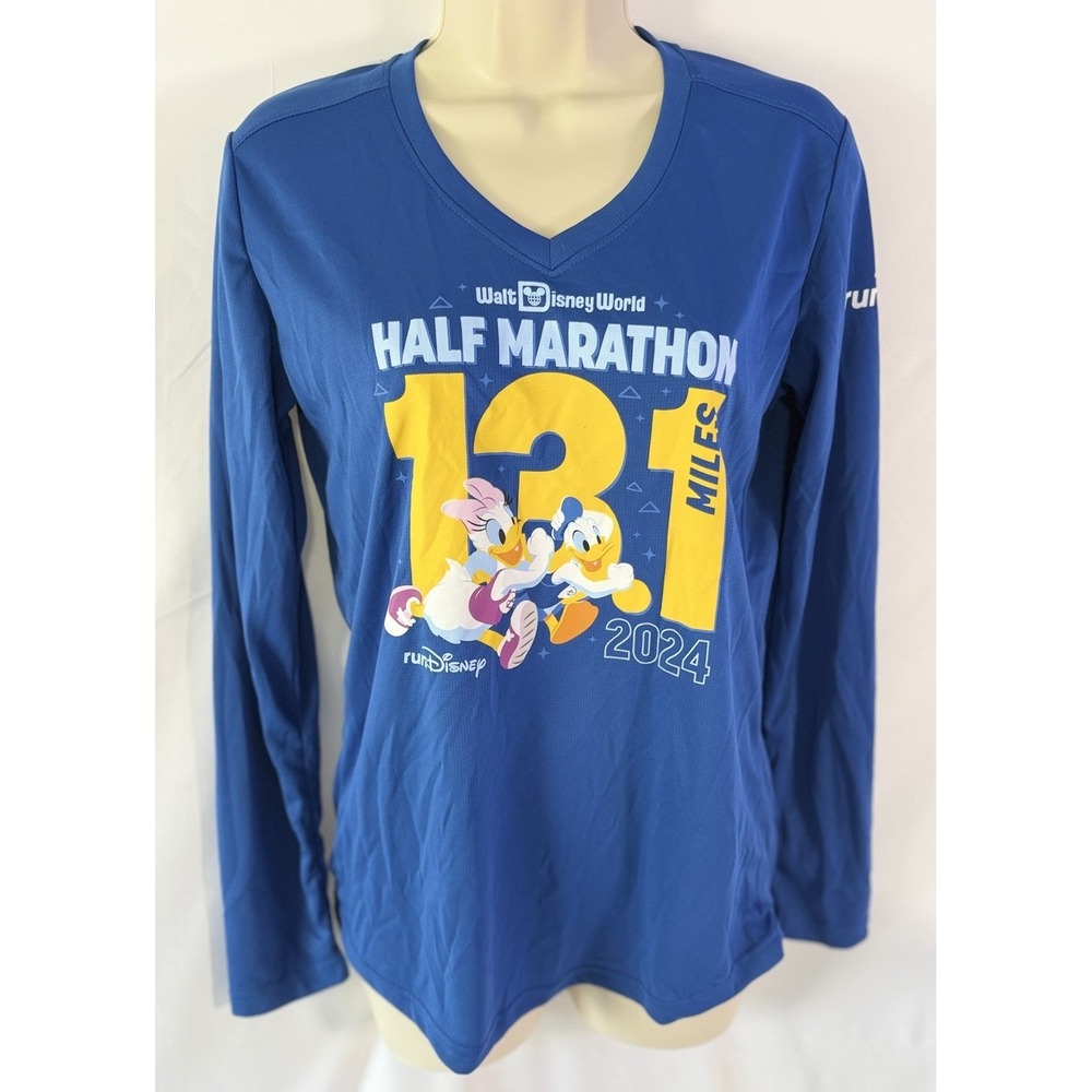 Disney Women's Small Blue T-Shirt Full Sleeve V-Neck Half Marathon Pullover 2024